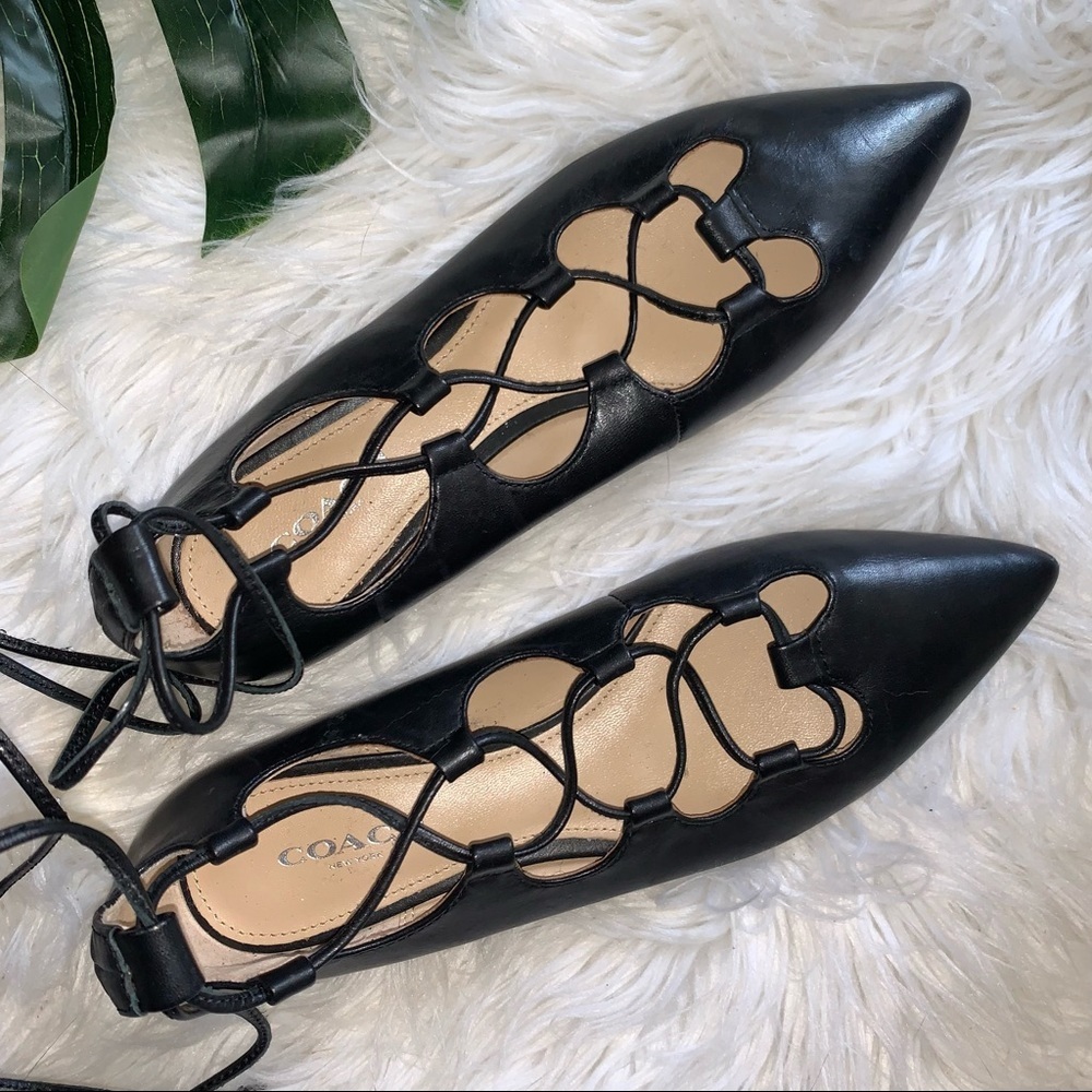 Coach Justine Black Leather Lace Up Ballerina Pointed Flats - Picture 3 of 13